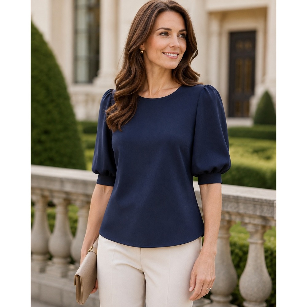 Boden Navy Blue Puff Sleeve Crepe Blouse Round Neck Keyhole Back US 2 UK 6